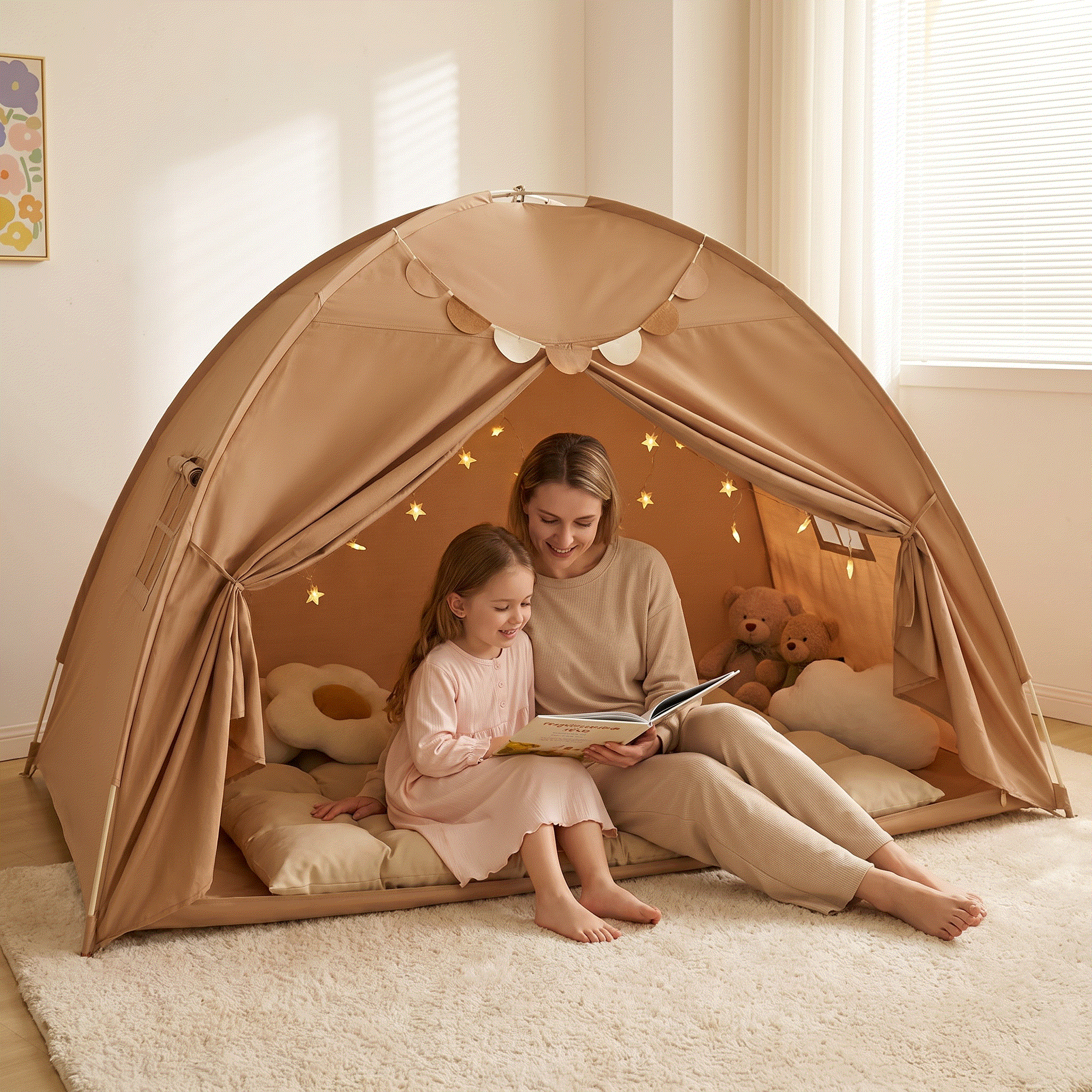 Neutrale speeltent voor kinderen, licht en duurzaam, perfect voor fantasierijk spel en ontspanning.