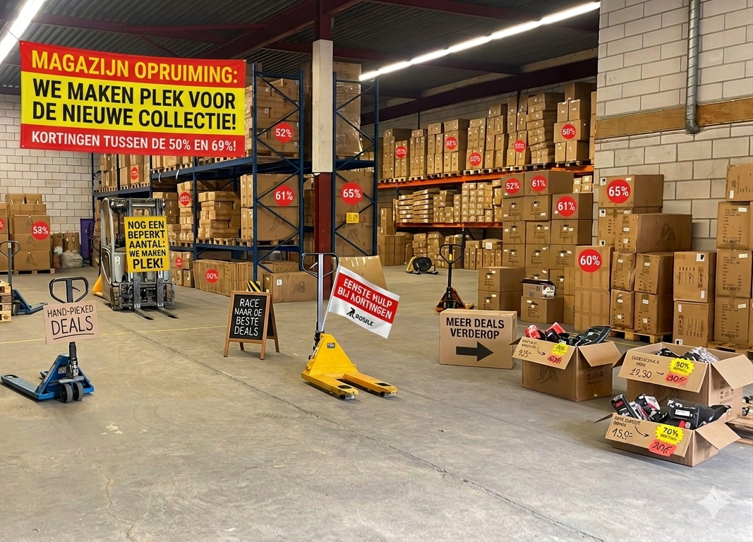 Magazijn uitverkoop met stapels dozen en producten in opslagruimte