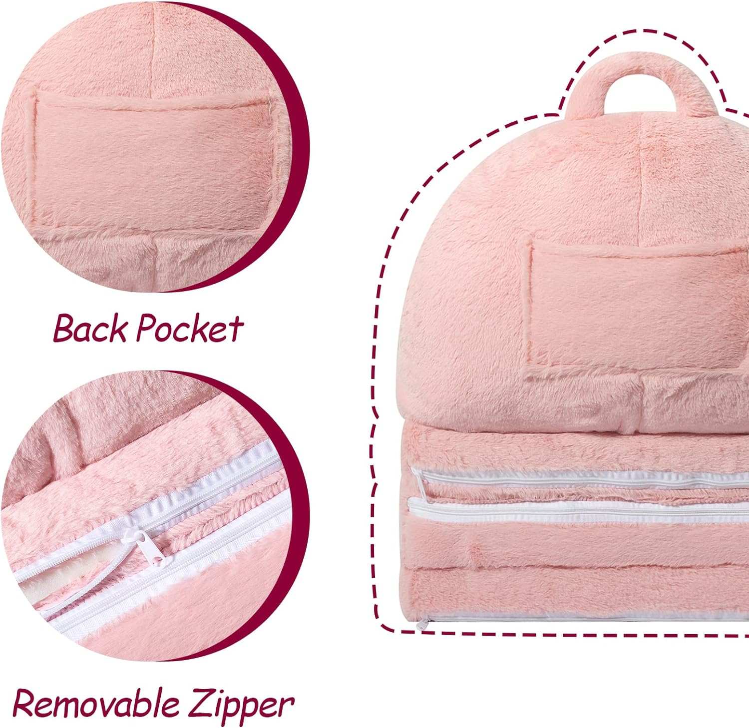 Roze pluizige kinder fauteuil met verlengstuk, back pocket en afneembare rits detail