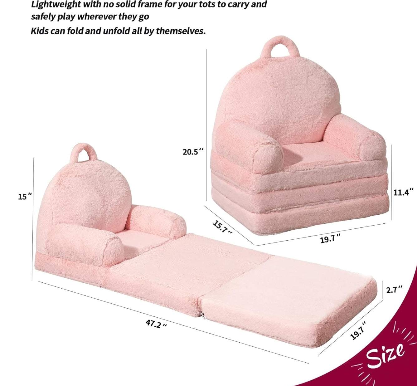 Roze pluizige kinder fauteuil met verlengstuk, inklapbaar kinderstoel en bed, zacht en lichtgewicht kindermeubel