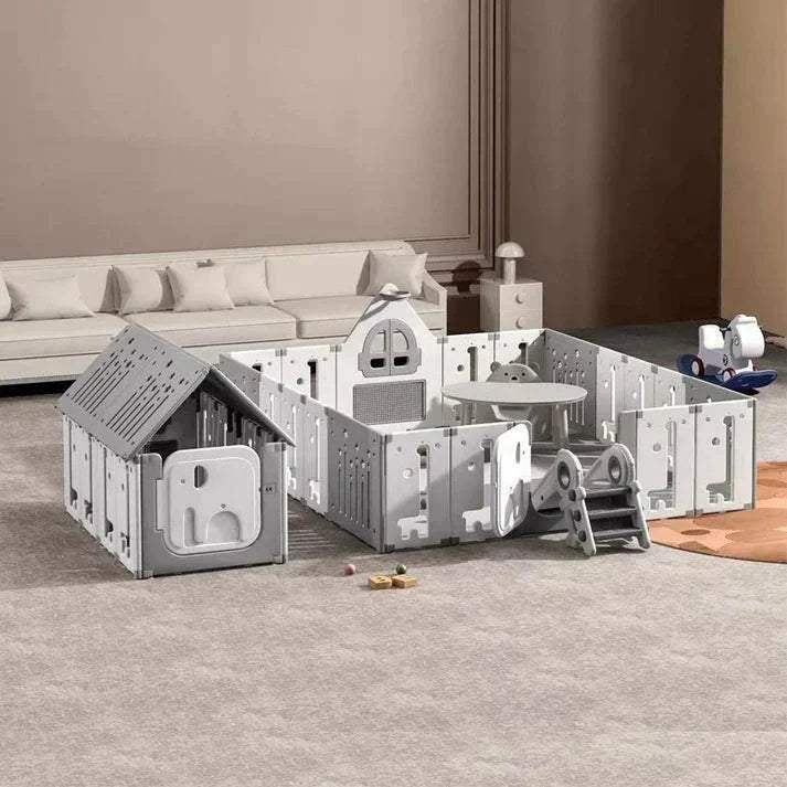 Speelhuis 2 in 1 box grijs/wit kinderspeelhuis met hekje zonder gereedschap te monteren