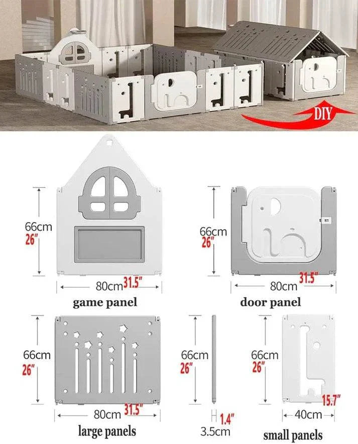 Speelhuis 2 in 1 grijs-wit kinderspeelhuis met hekje en box functie, gemakkelijk zonder gereedschap te monteren