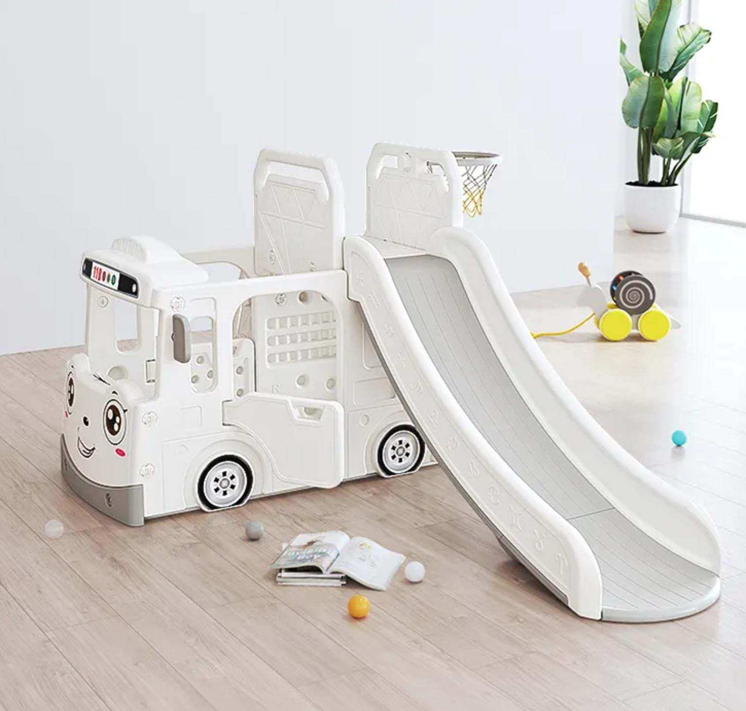 Speeltoestel Peuter Busje robuust grijs-witte indoor outdoor glijbaan en basketbalring speelgoed