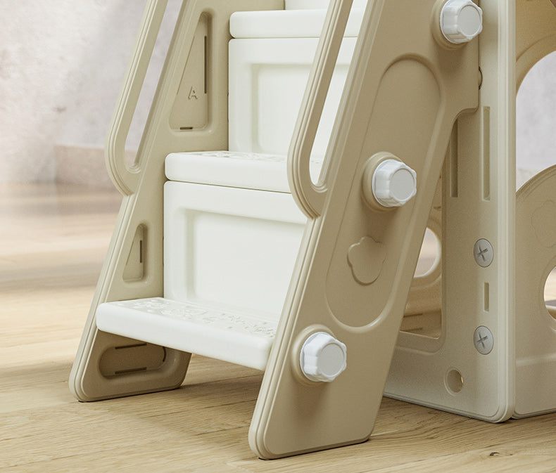 Speeltoestel Toren 3 in 1 crème/bruin kunststof glijbaan met veilige antislip treden voor peuters en kleuters binnen en buiten gebruik