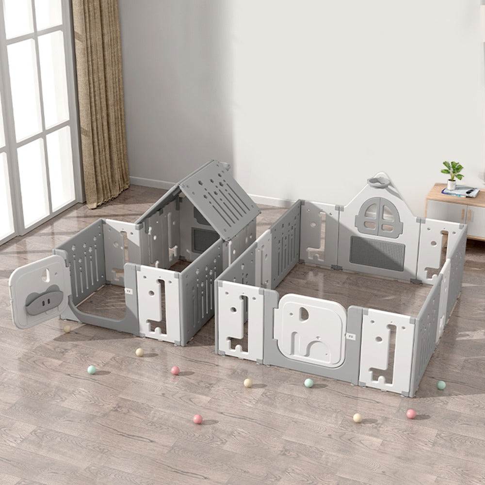 Speelhuis 2 in 1 box grijs wit kinderspeelhuisje met hekje veilig en zonder gereedschap te monteren