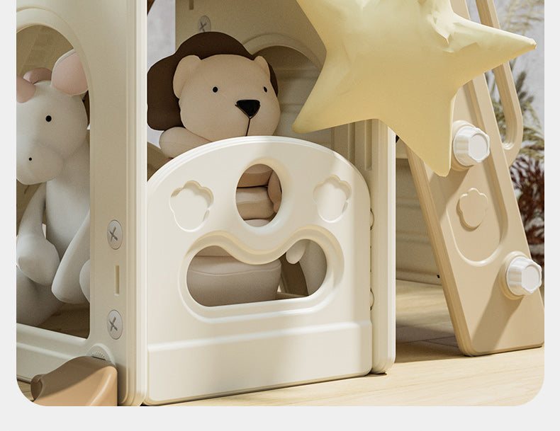 Speeltoestel Kasteel XL crème bruin kunststof speeltoren met glijbaan voor peuters en kleuters binnen en buiten