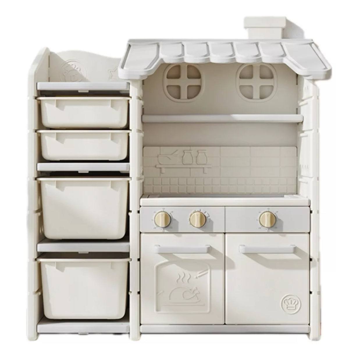 Grijze kunststof speelkeuken met oven, draaiknoppen en opbergbakken voor peuters en kleuters