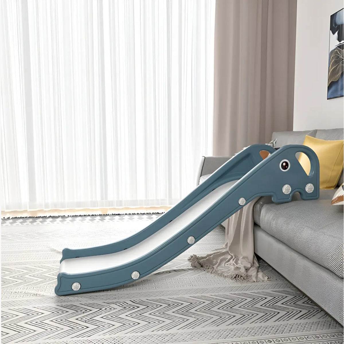 Blauwe compacte Glijbaan Olifant voor peuters, geschikt voor binnen en buiten, duurzaam kunststof, 125x45x33 cm.