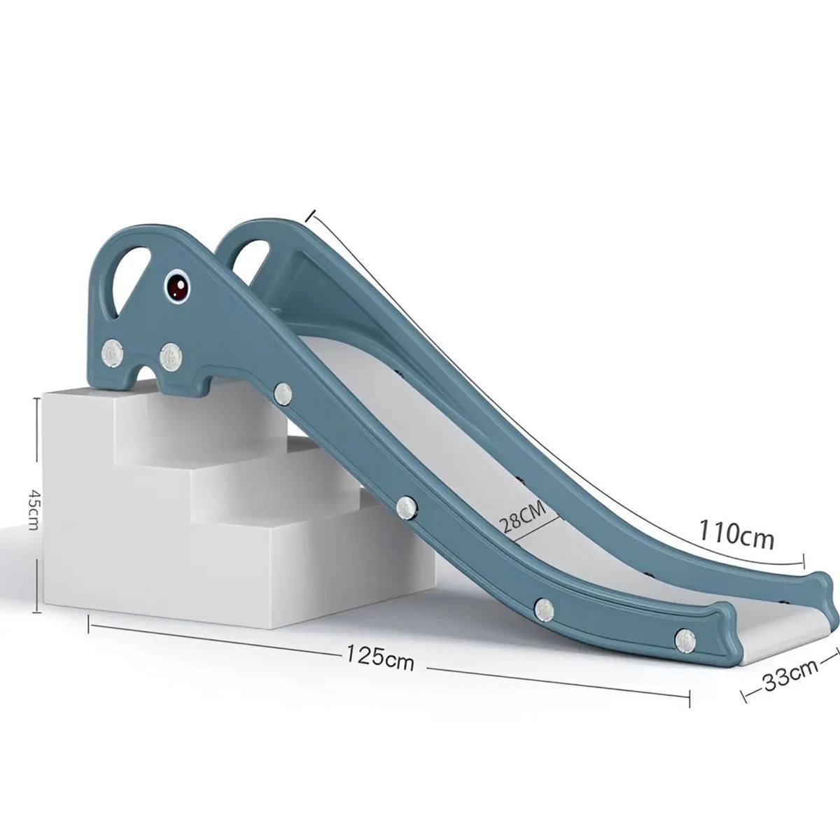 Blauwe Glijbaan Olifant Compact voor peuters, duurzaam kunststof, 110 cm glijlengte, geschikt voor binnen en buitengebruik.