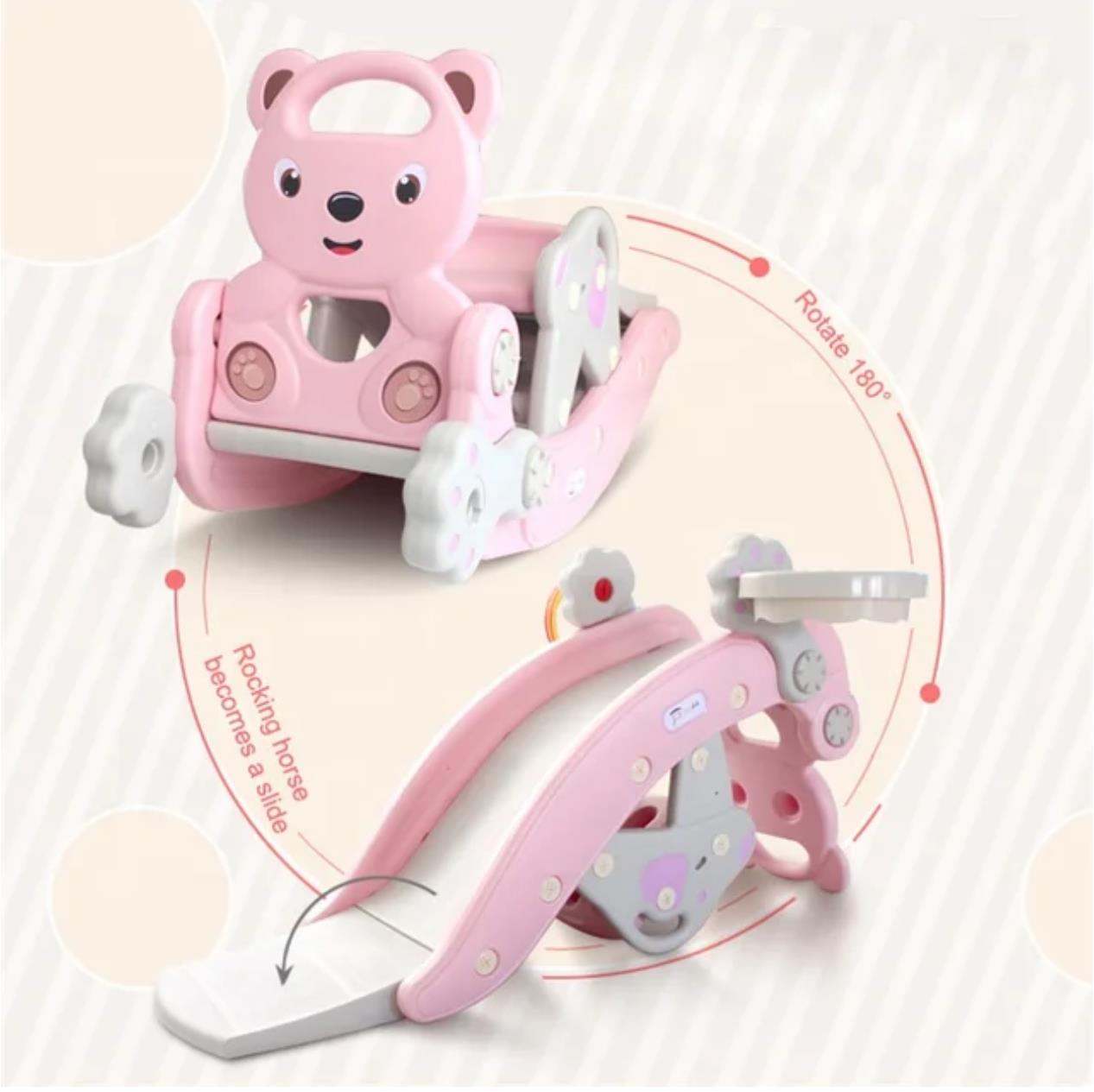 Hobbeldier Roze Beer 2-in-1 kinderspeelgoed hobbelpaard en glijbaan roze kunststof