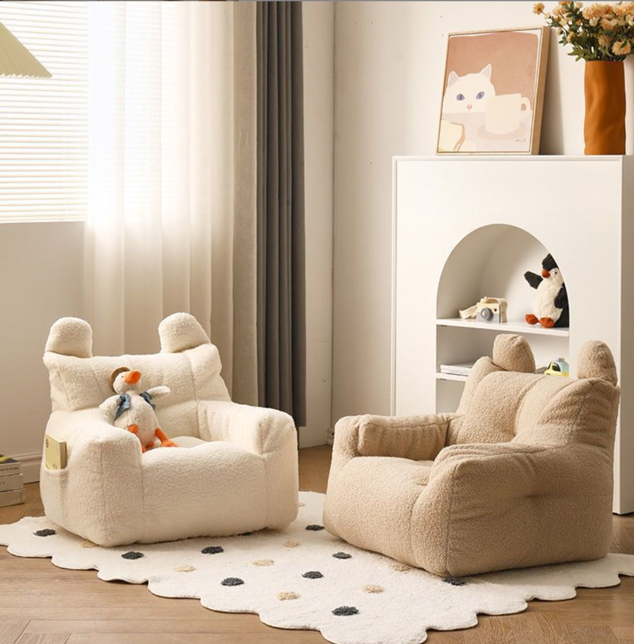 Roze Teddy Peuter Poef kinderfauteuil zitzak van zachte teddy stof met oortjes voor kinderen van 1-3 jaar