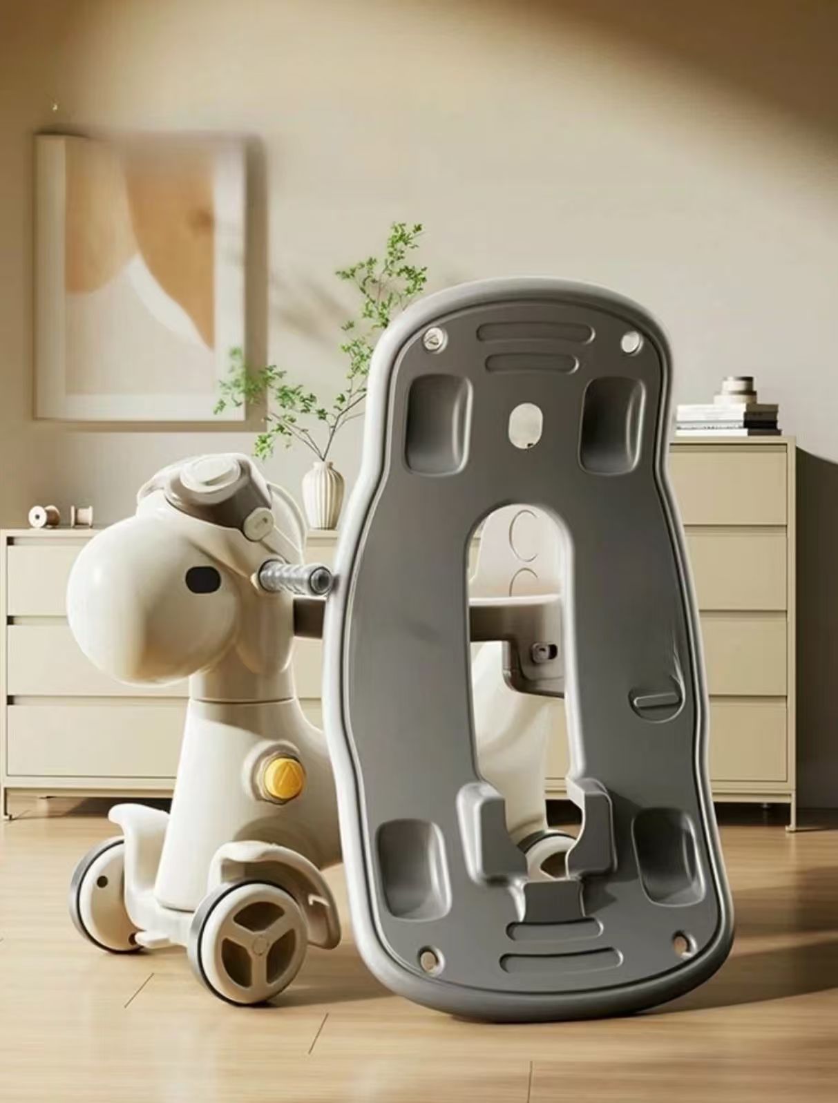Hobbelfiguur Loopwagen luxe grijs/crème 2-in-1 speelgoed voor kinderen met duwstang en schommelonderstel
