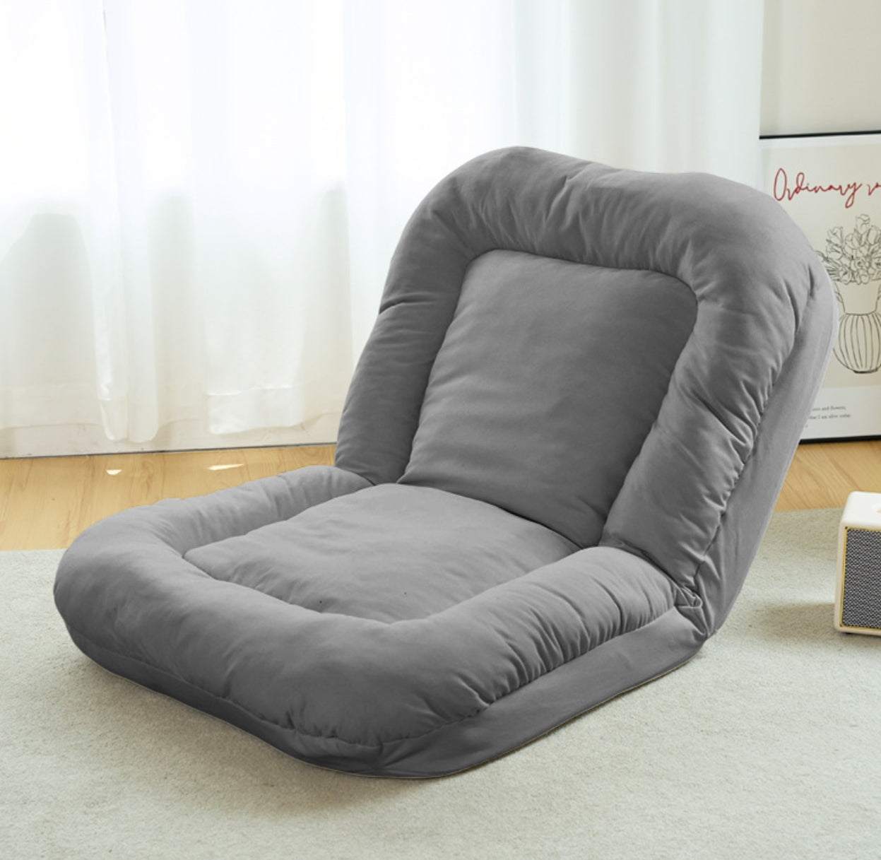 Grijze lounge slaapfauteuil van stof met staalframe, veelzijdige stoel en bed, moderne stijl