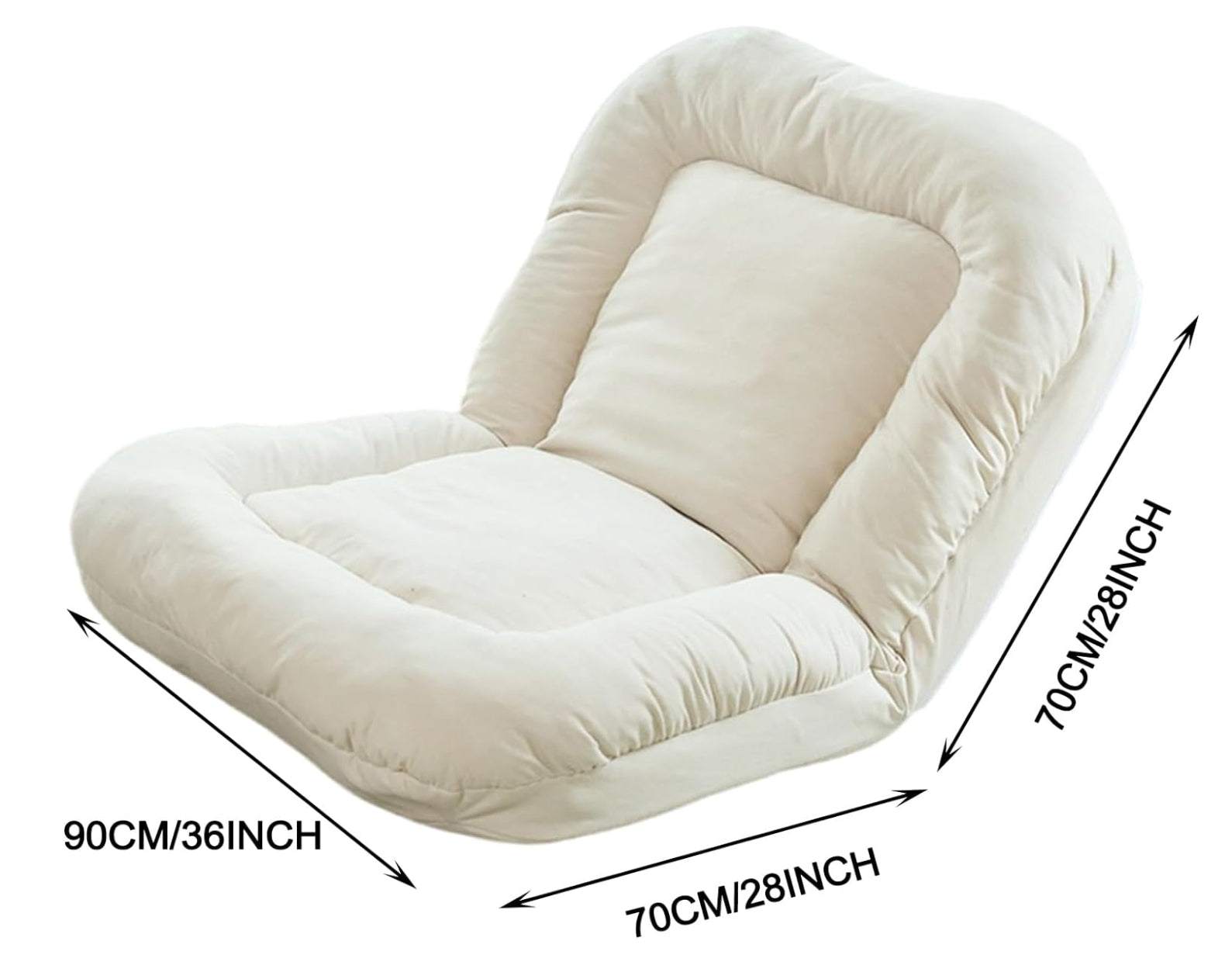Crème Lounge Slaapfauteuil stofstoel met stalen frame en afmetingen 70x90x70 cm, zittinghoogte 15 cm.