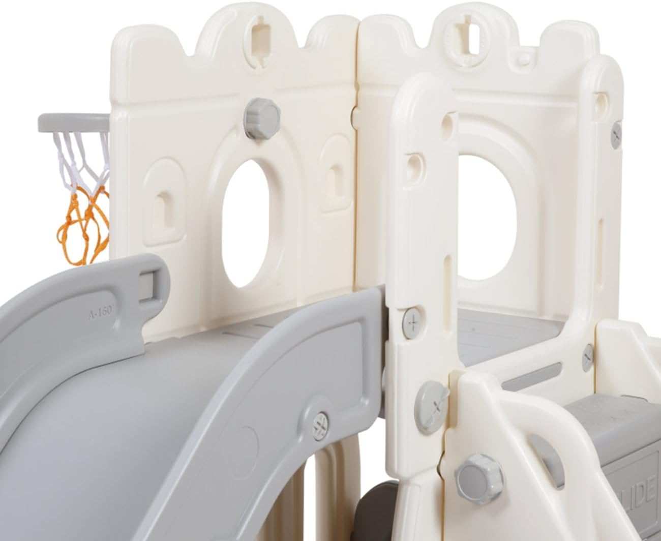 Speeltoestel Toren met glijbaan 3 in 1 wit/grijs met glijbaan en basketbalring voor kinderen binnen en buiten