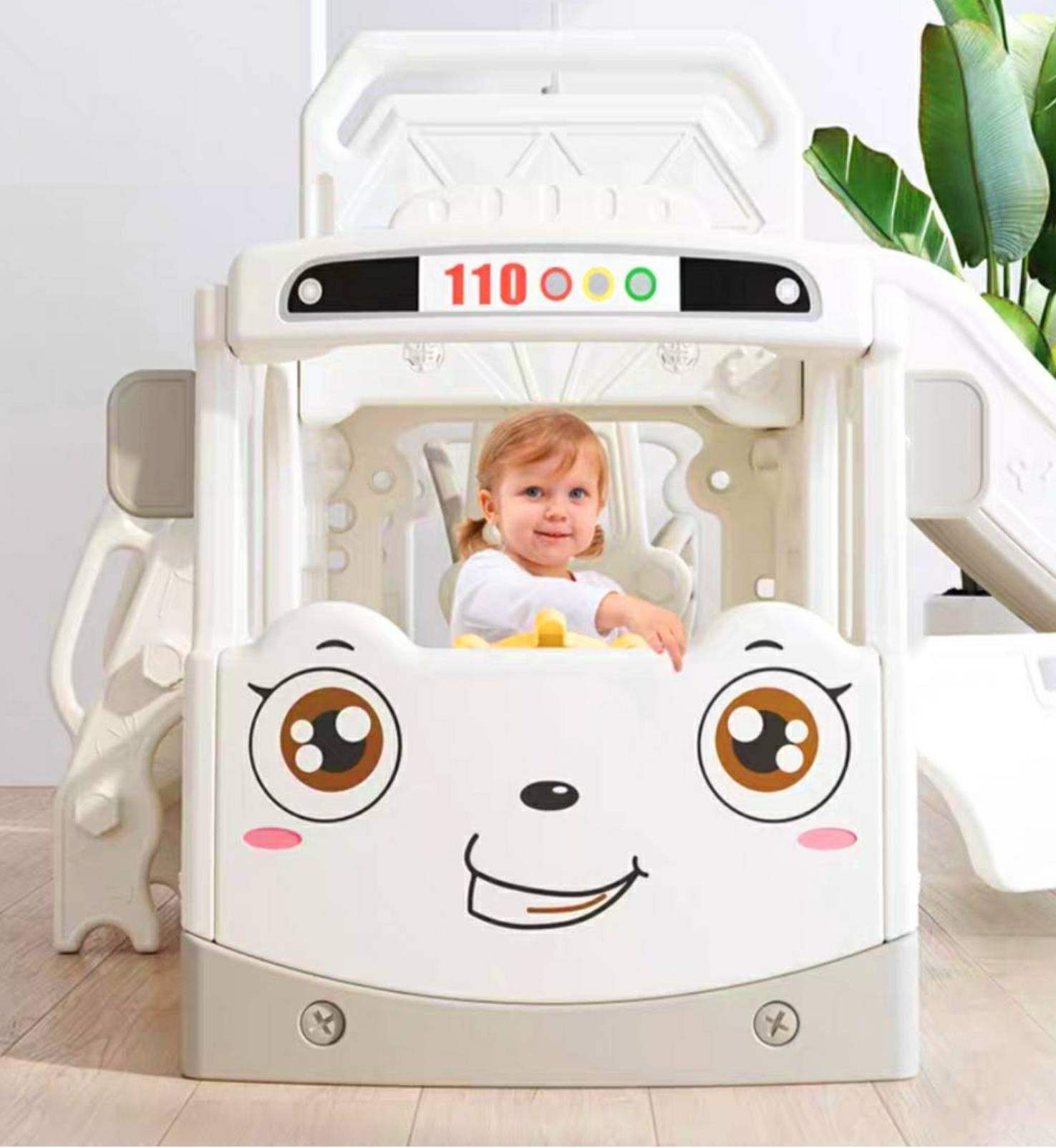 Speeltoestel Peuter Busje robuust grijs/wit met glijbaan en basketbalring voor binnen en buitengebruik