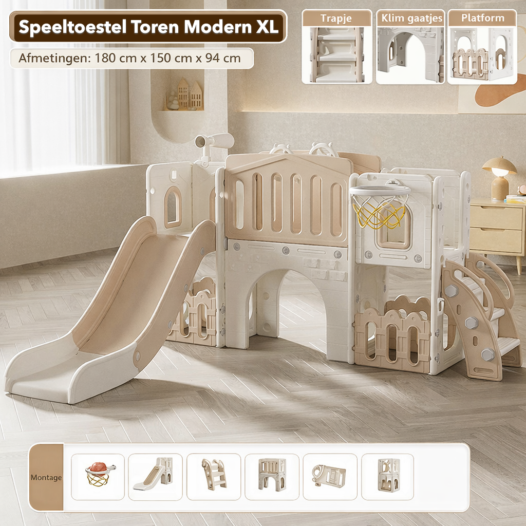 Beige Speeltoestel Toren XL with slide and basketball hoop for active children's play