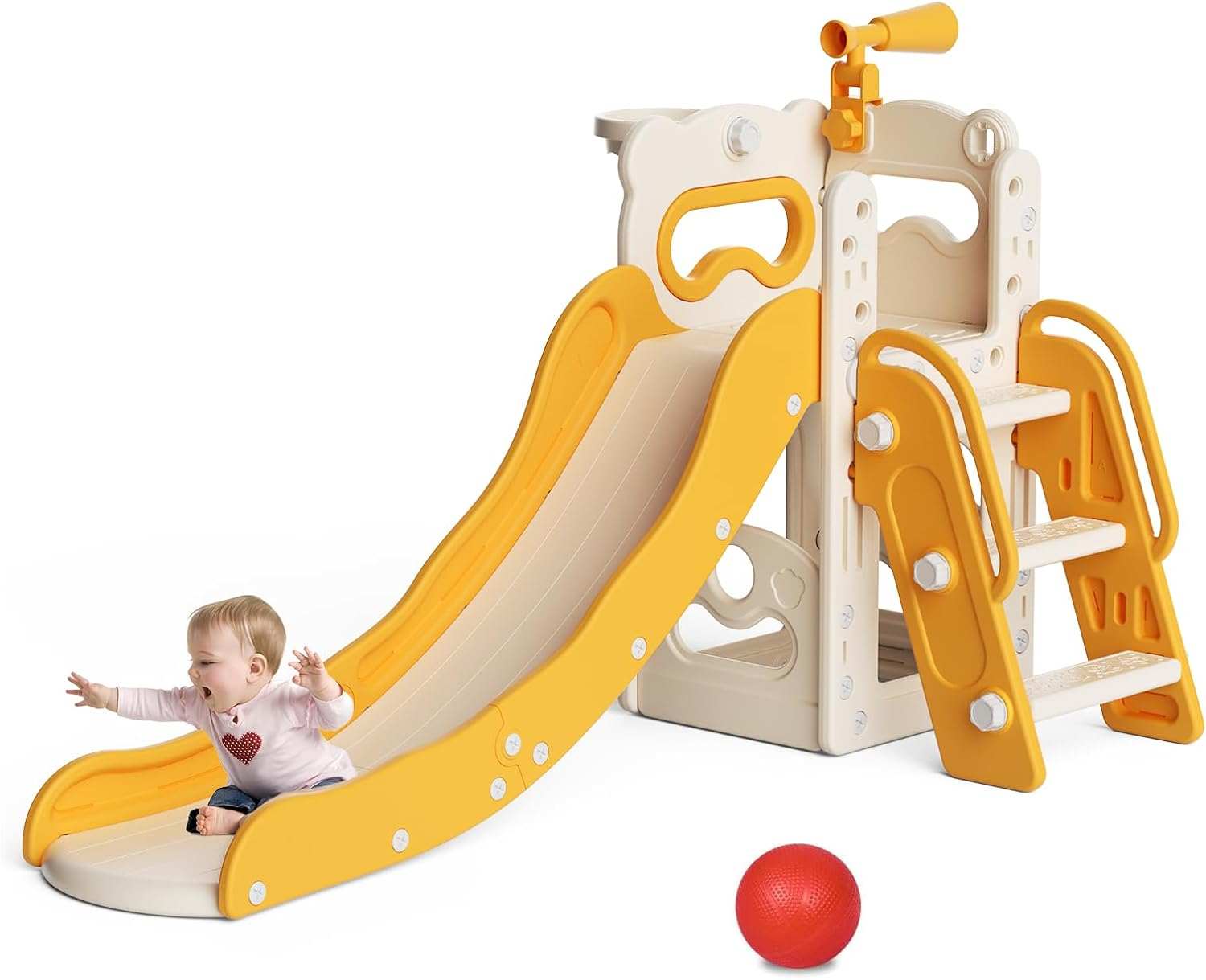 Speeltoestel Toren 3 in 1 crème/geel met glijbaan voor binnen en buiten met baby op glijbaan