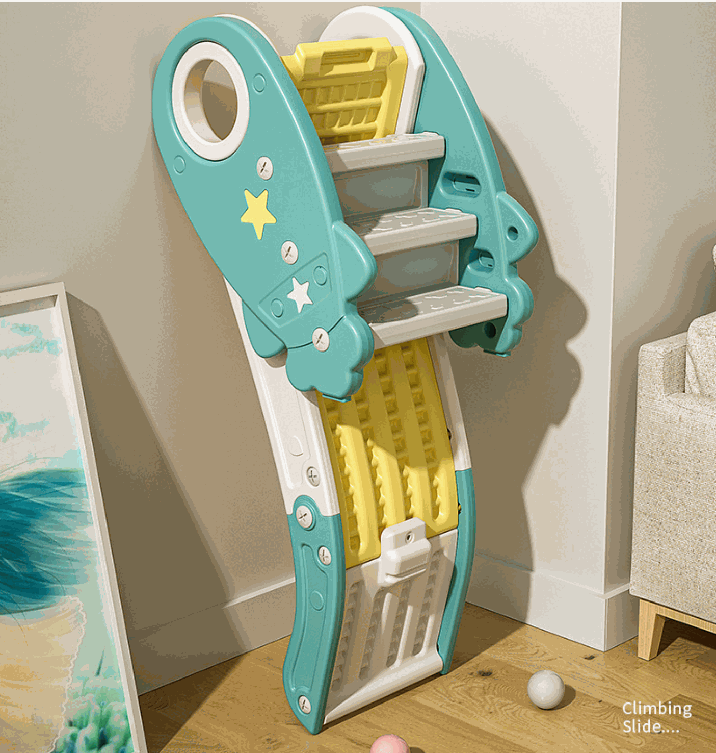 Glijbaan Raket Groen Geel met antislip treden voor peuters en kleuters, opvouwbaar en duurzaam kunststof, nieuw in doos.