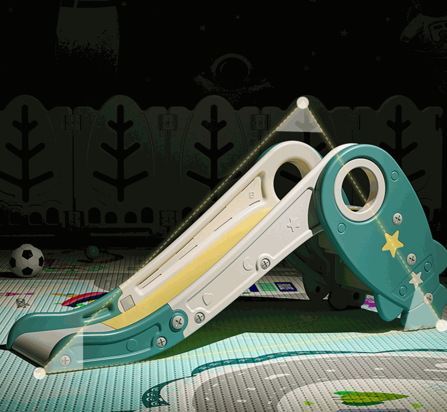 Glijbaan Raket Groen Geel opvouwbare kinder glijbaan van duurzaam kunststof voor peuters en kleuters met antislip treden en veiligheidsspecificaties