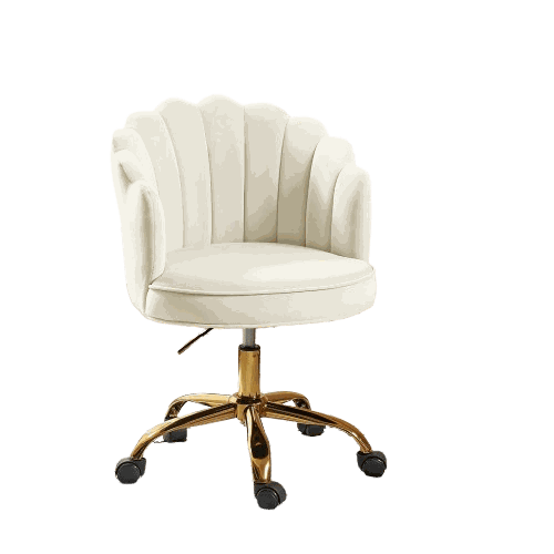 Velvet Schelp Bureaustoel crème met goudkleurig onderstel en wielen, verstelbaar en draaibaar