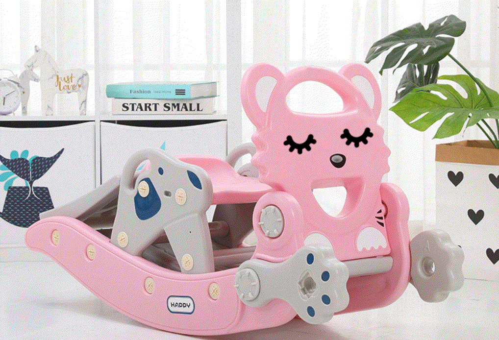 Hobbeldier Roze Tijger 2-in-1 kindvriendelijk hobbelpaard en glijbaan van duurzaam kunststof in roze en grijs