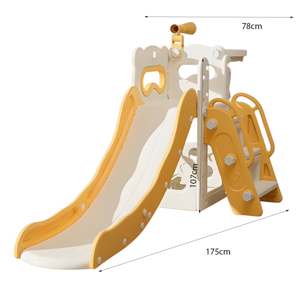 Speeltoestel Toren 3 in 1 crème/geel met glijbaan en verrekijker, geschikt voor peuters en kleuters, duurzaam kunststof, antislip treden, binnen en buiten gebruik.