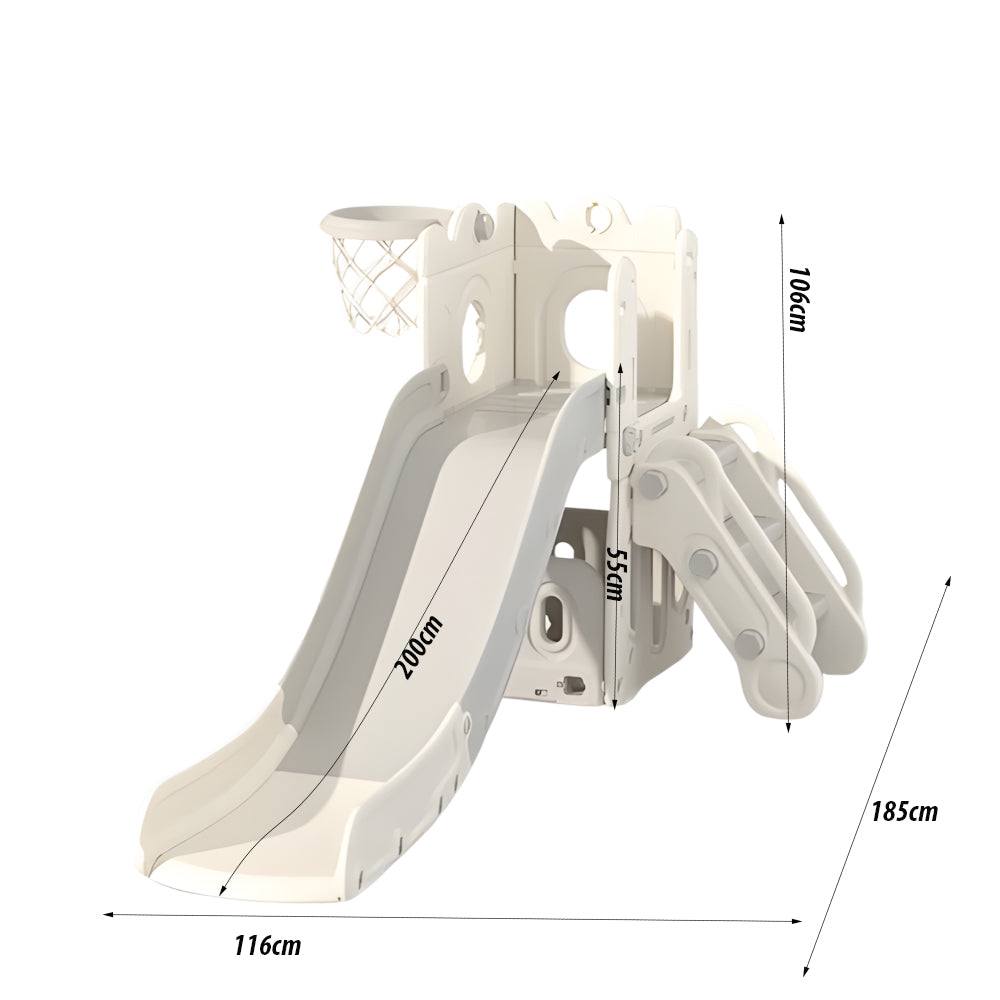 Speeltoestel Toren 3 in 1 wit/grijs met glijbaan en basketbalring voor binnen en buitengebruik