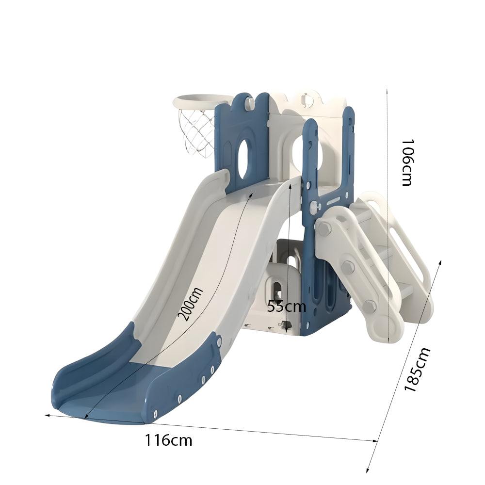 Blauw Speeltoestel Toren 3 in 1 met glijbaan en basketbalring voor peuters en kleuters, geschikt voor binnen en buitengebruik