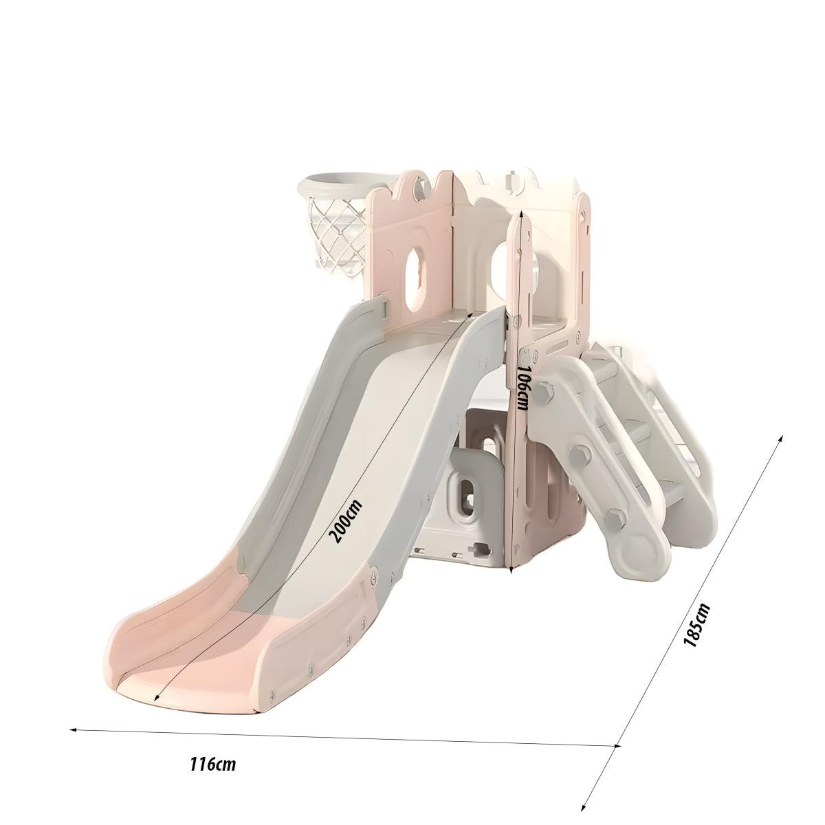 Speeltoestel Toren 3 in 1 roze met glijbaan en basketbalring voor peuters en kleuters, geschikt voor binnen en buiten.