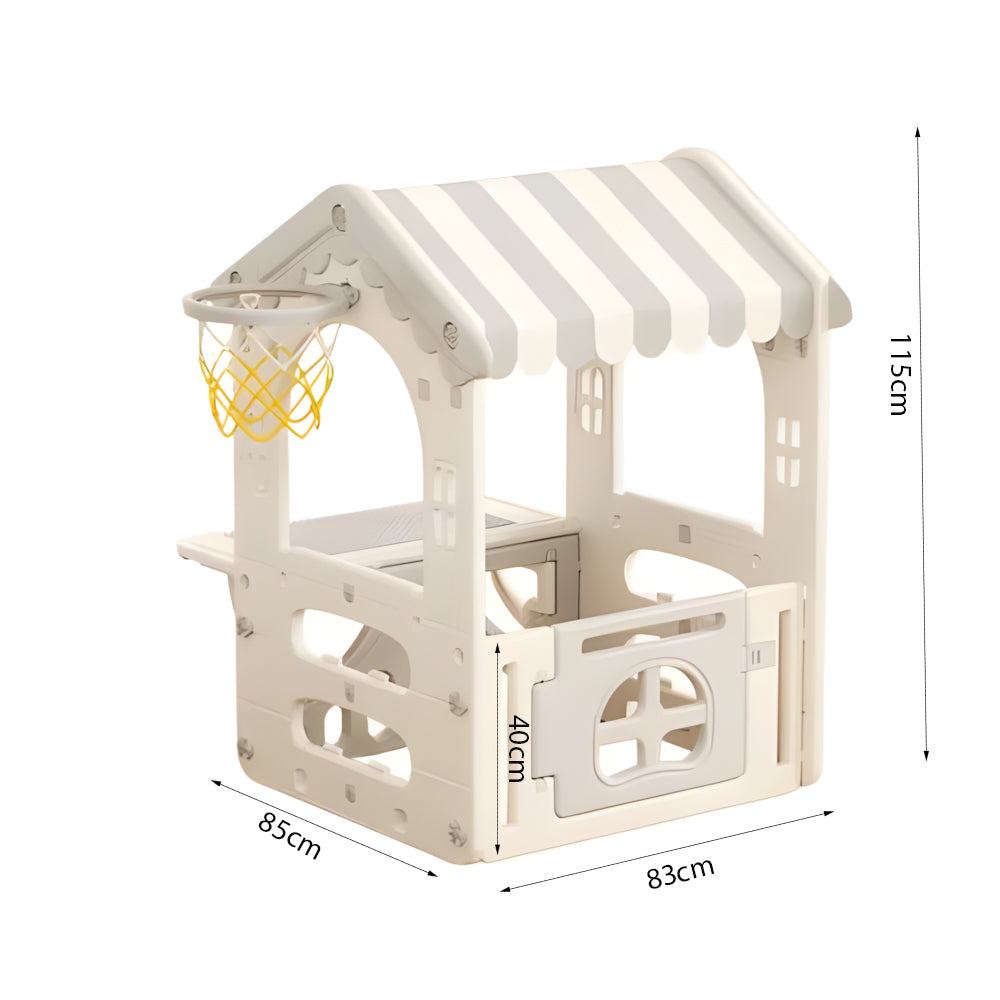 Speelhuis Modern grijs/wit met basketbalring en deurtje voor peuters en kleuters, geschikt voor binnen en buiten in de tuin