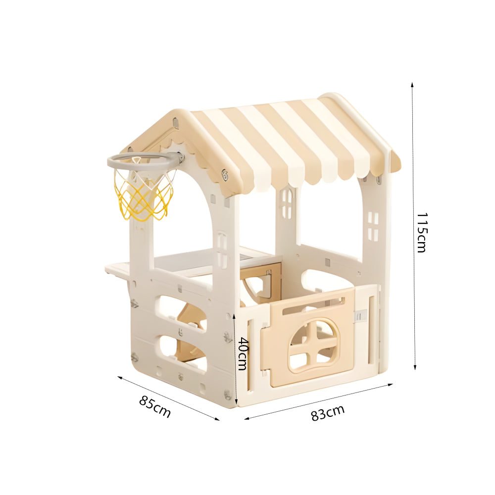 Modern crème/beige speelhuisje voor kinderen met basketbalring, geschikt voor binnen en buiten, duurzaam kunststof