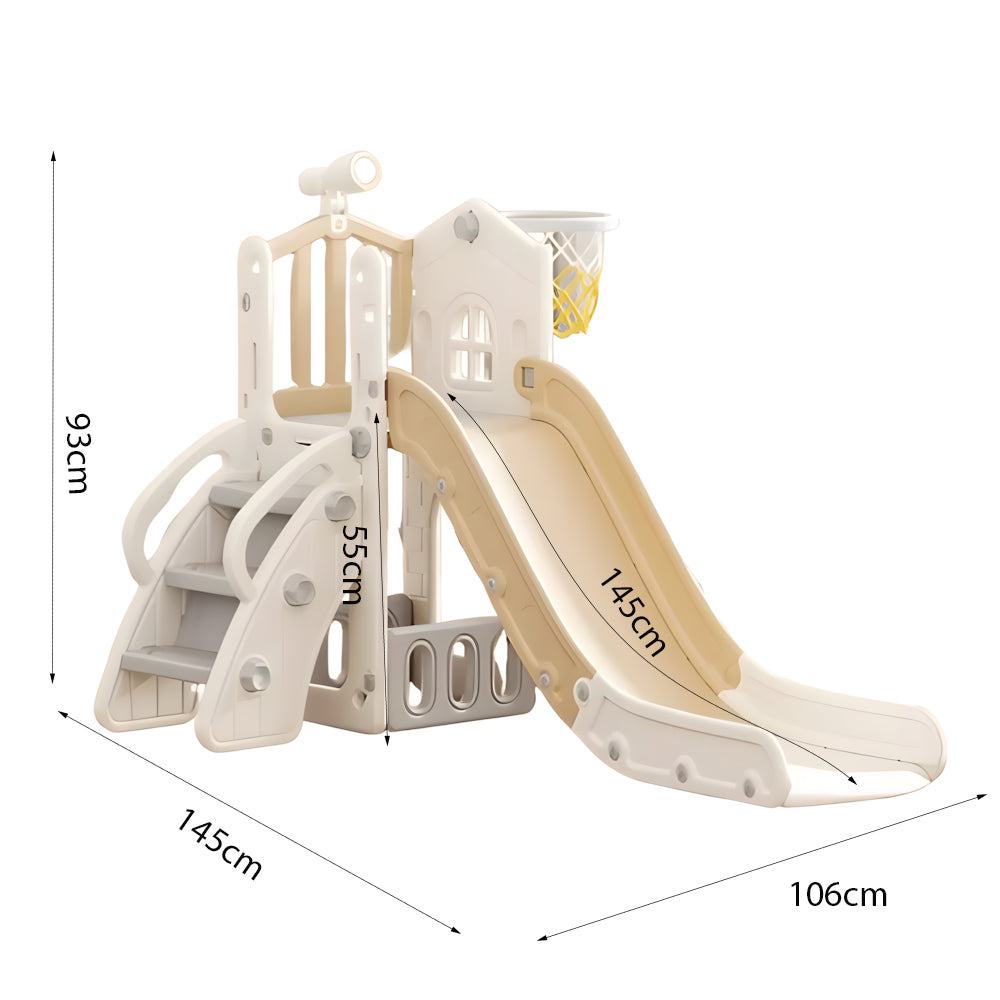 Beige Speeltoestel Toren 3 in 1 met glijbaan en basketbalring voor binnen en buiten kinderen