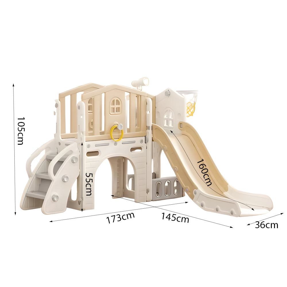 Speeltoestel Toren Luxe beige huis met glijbaan en basketbalnet voor binnen en buiten
