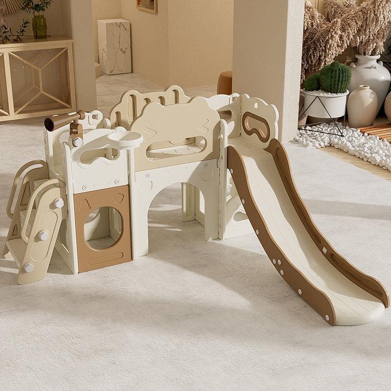 Speeltoestel Kasteel XL crème/bruin kinder glijbaan voor binnen en buiten met loopbrug en verrekijker