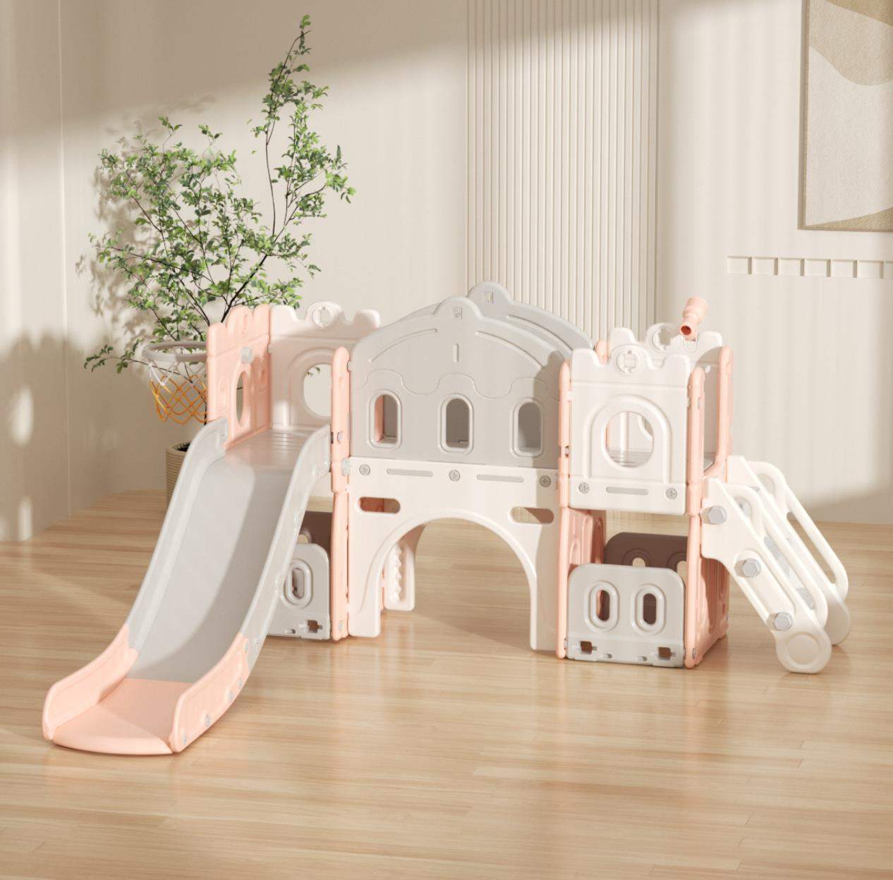 Speeltoestel Kasteel XL roze met glijbaan en basketnet voor binnen en buiten, geschikt voor peuters en kleuters