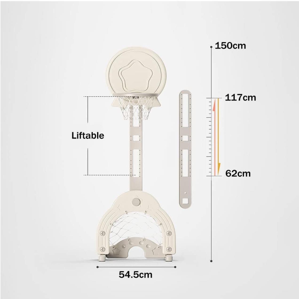 Witte verstelbare Basketbalstandaard Ster met stervormige basket, geschikt voor kinderen, inclusief goaltje, hockeystick en drie ballen voor binnen en buitengebruik