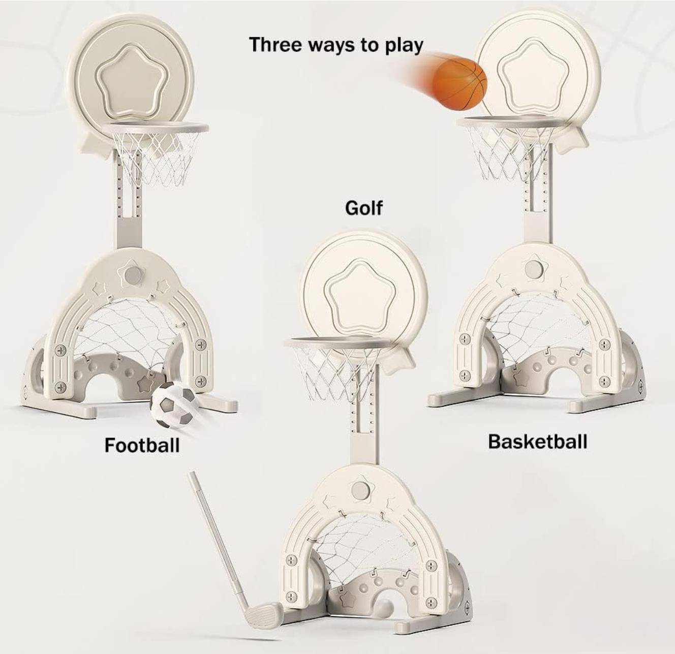 Witte verstelbare basketbalstandaard met goaltje, hockeystick en 3 ballen voor binnen en buiten gebruik