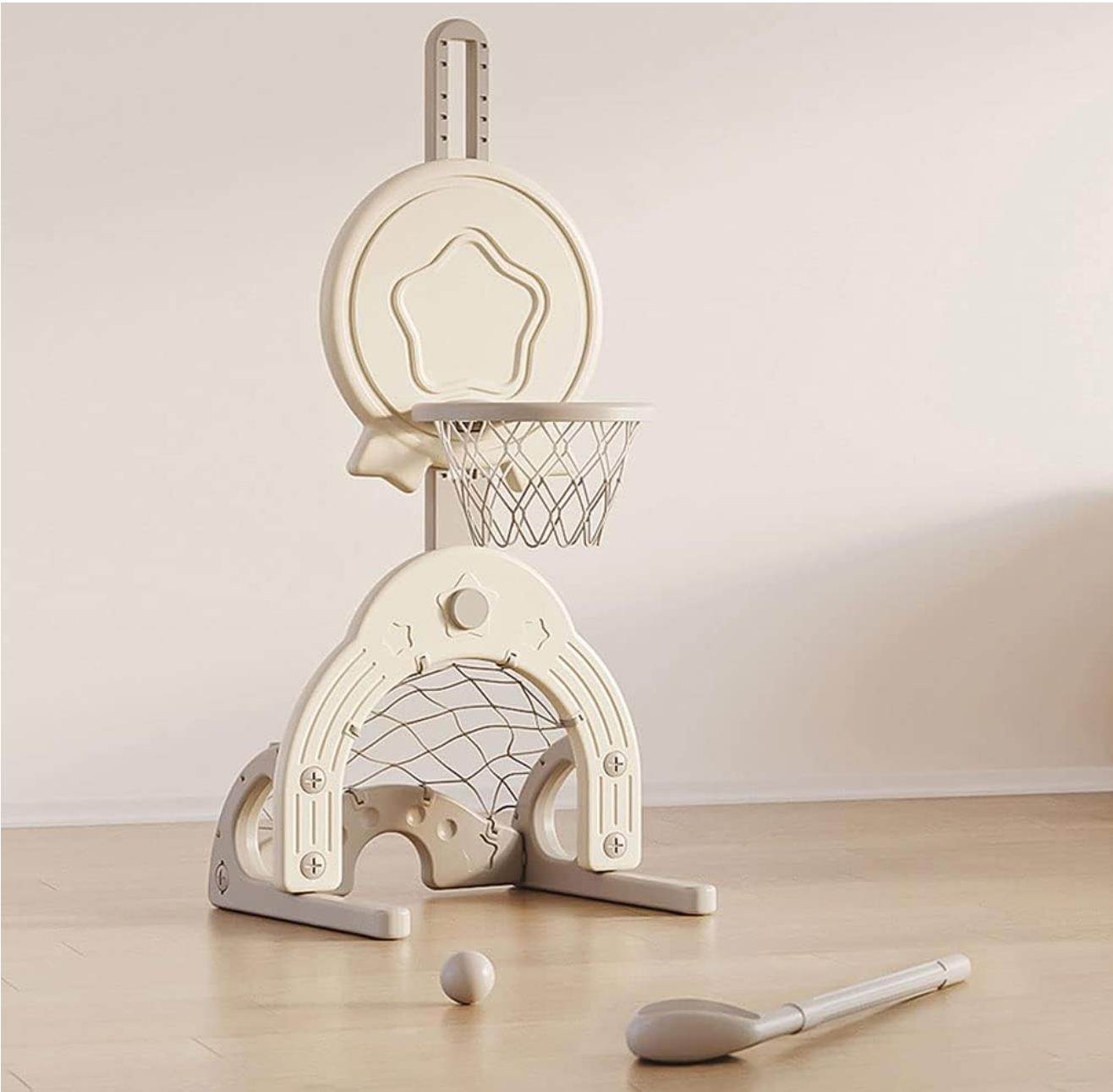 Verstelbare witte Basketbalstandaard Ster met goaltje, hockeystick en 3 ballen voor binnen en buitengebruik