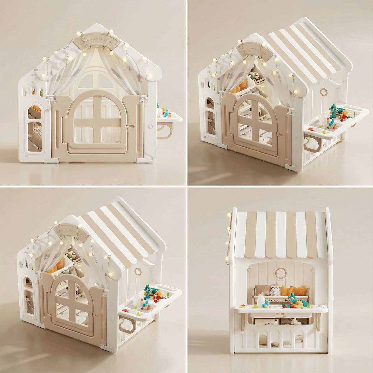Beige kunststof speelhuisje voor kinderen met stoffen dak, geschikt voor binnen en buiten, inclusief accessoires voor peuters en kleuters