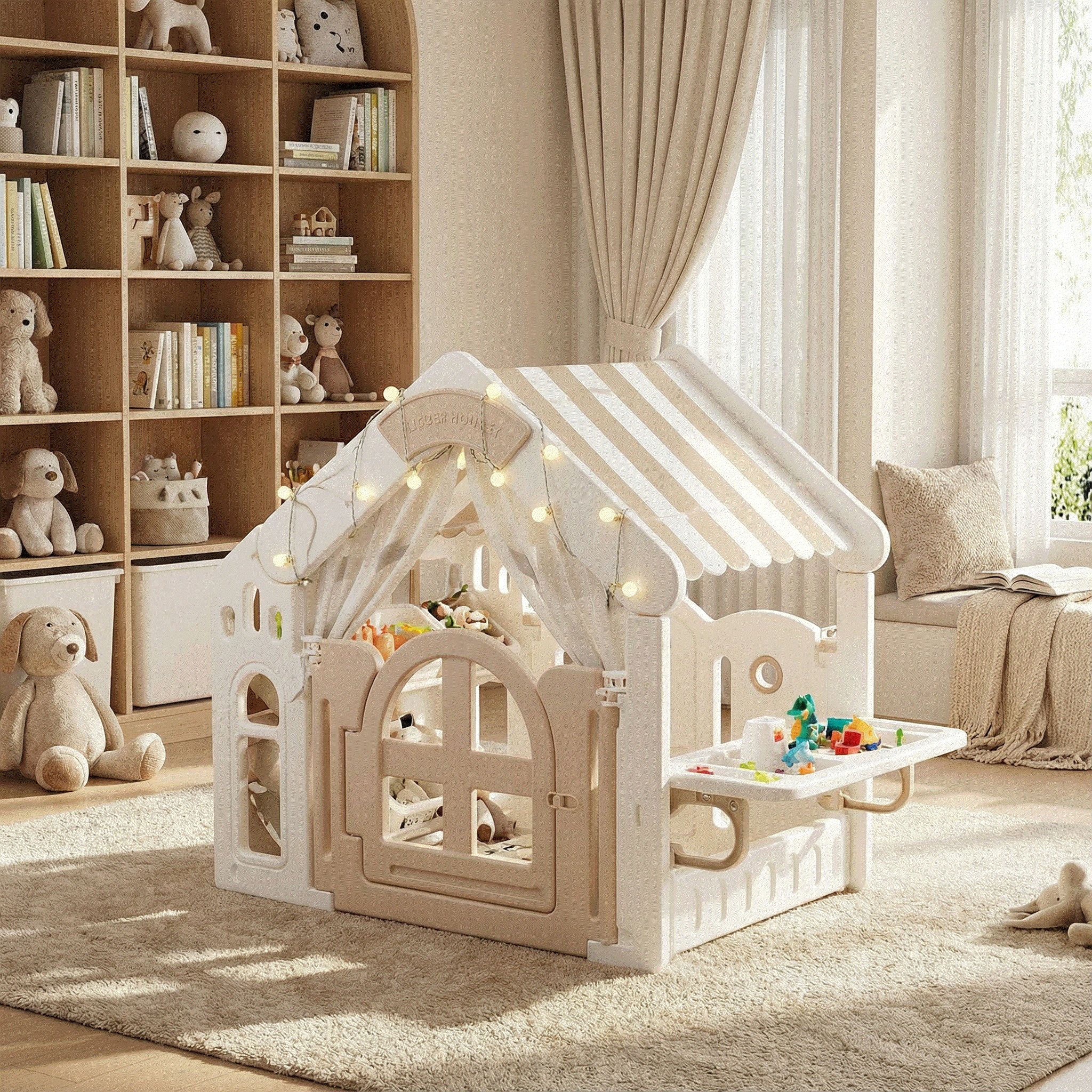 Beige kunststof speelhuisje voor kinderen met stoffen dak, geschikt voor binnen en buiten spelen