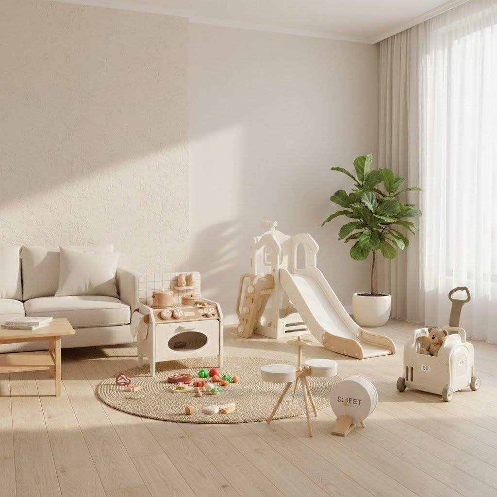 Beige speeltoestel toren cosy met glijbaan voor jonge kinderen, compact en veilig ontworpen
