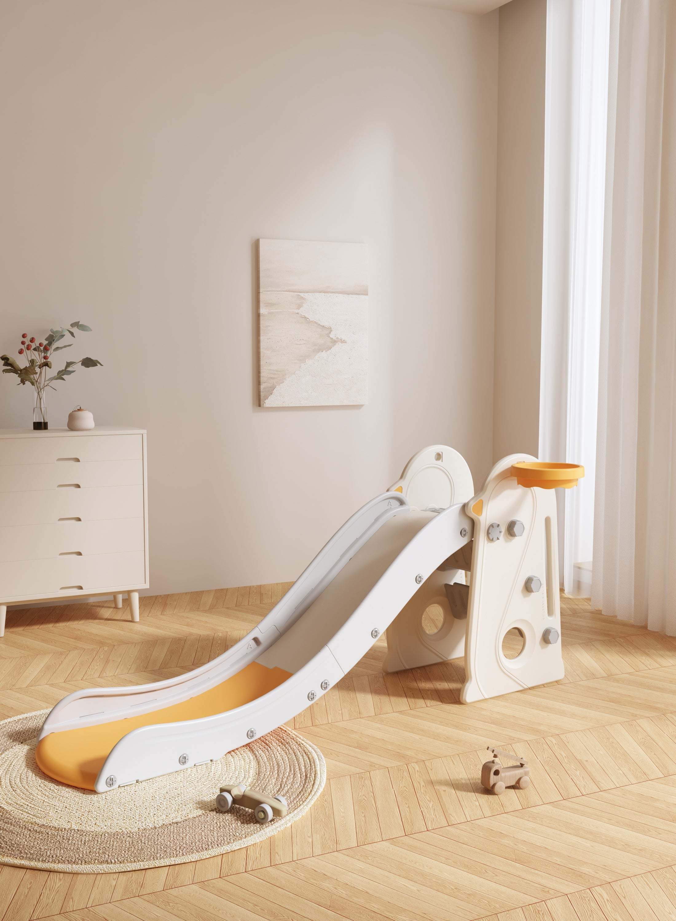 Glijbaan Robuust Peuter Kleuter geel/crème opvouwbare kunststof glijbaan voor binnen en buiten spelen