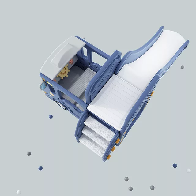 Blauw Speeltoestel Peuter Busje met glijbaan en basketbalring voor binnen en buiten gebruik