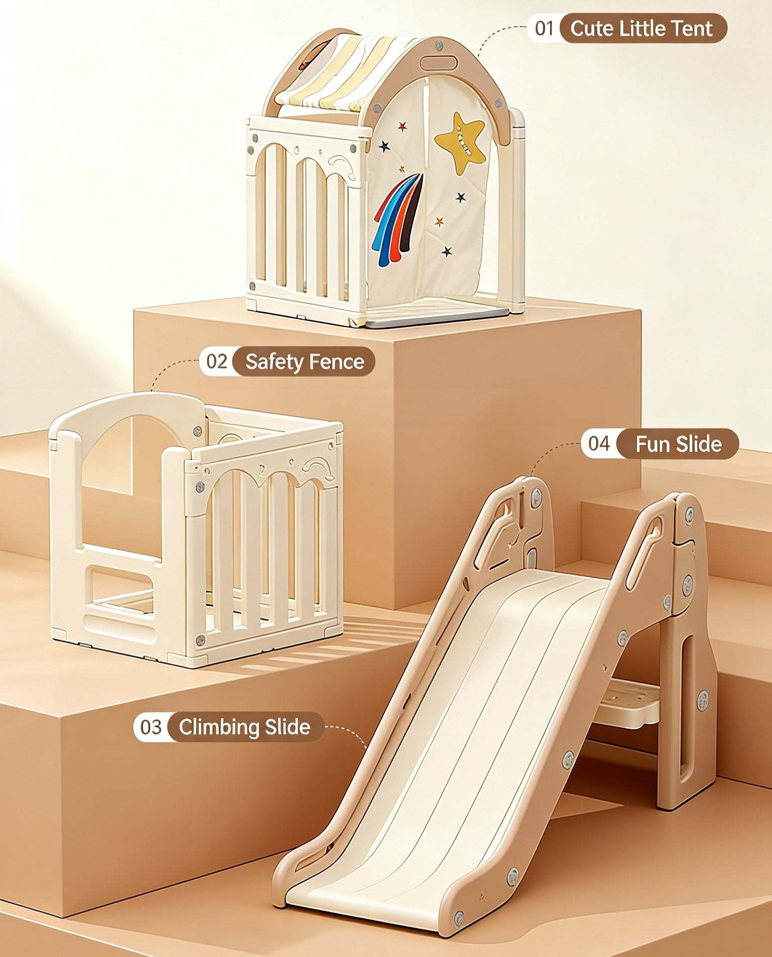 Beige speelhuisje voor kinderen met glijbaan en speelmat voor binnen en buiten gebruik