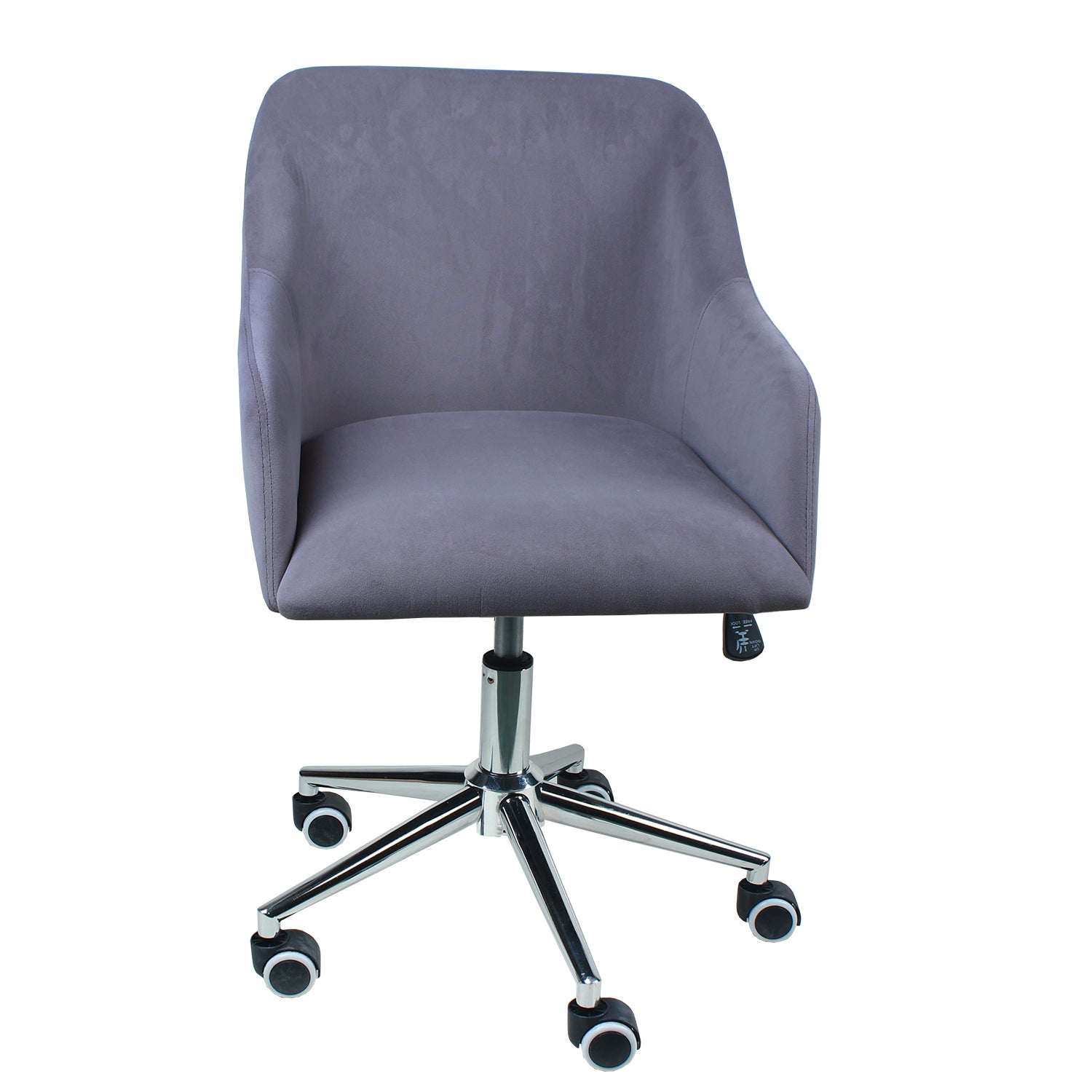 Moderne grijze velvet bureaustoel met zilverkleurig verstelbaar onderstel en wieltjes