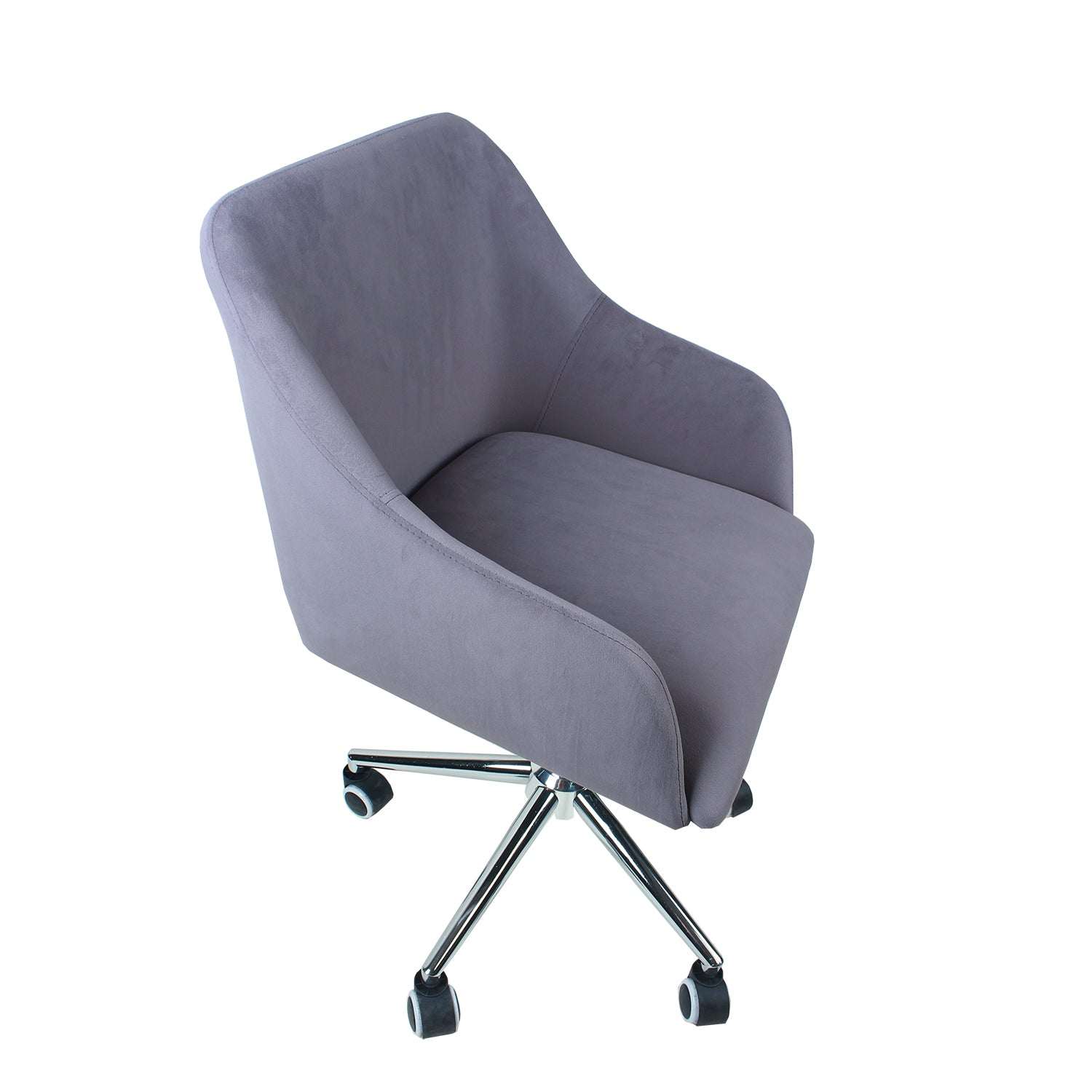 Moderne velvet bureaustoel grijs met zilverkleurig onderstel en wieltjes