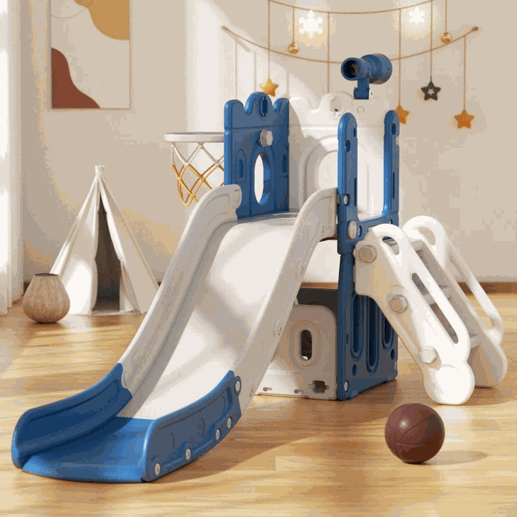 Blauw Speeltoestel Toren 3 in 1 met glijbaan en basketbalring voor peuters en kleuters binnen en buiten