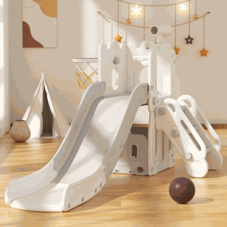 Speeltoestel Toren 3-in-1 wit/grijs met glijbaan en basketbalring voor peuters en kleuters binnen en buiten