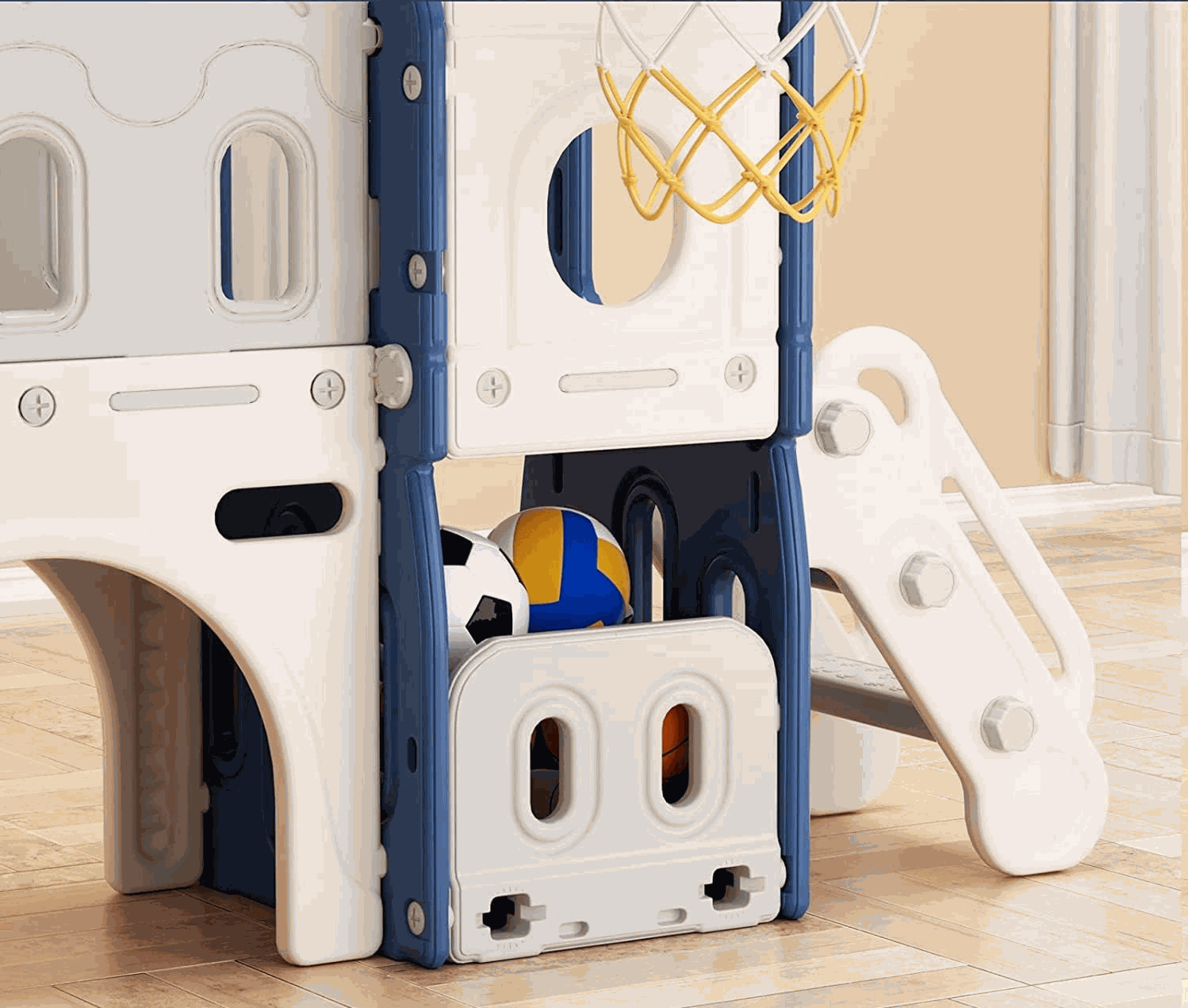 Speeltoestel Kasteel XL blauw voor binnen en buiten met glijbaan en basketbalring voor peuters en kleuters